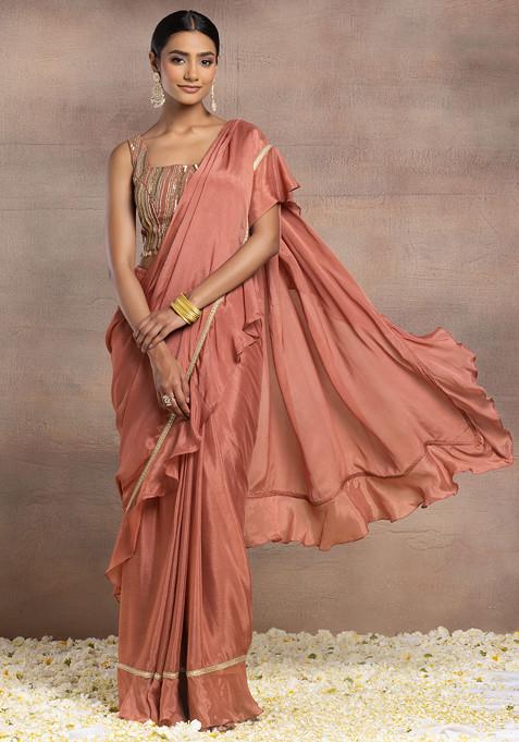 Salmon Pink Ruffled Pre-Stitched Saree Set With Sequin Hand Embroidered Blouse