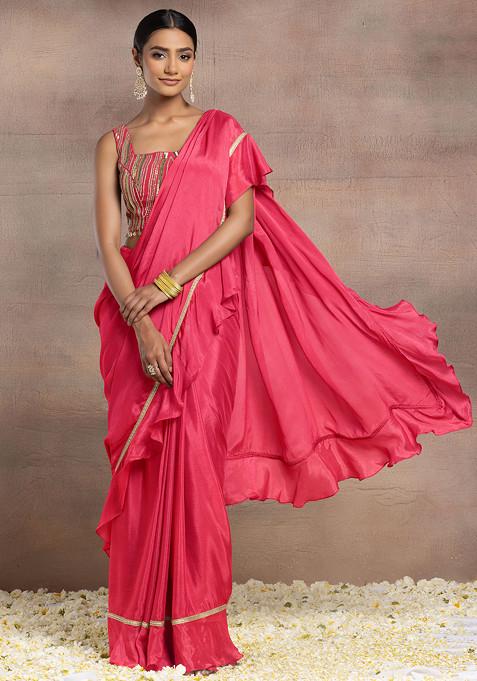 Hot Pink Ruffled Pre-Stitched Saree Set With Sequin Hand Embroidered Blouse