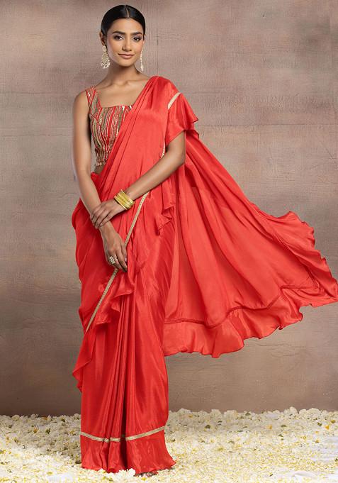 Orange Ruffled Pre-Stitched Saree Set With Sequin Hand Embroidered Blouse