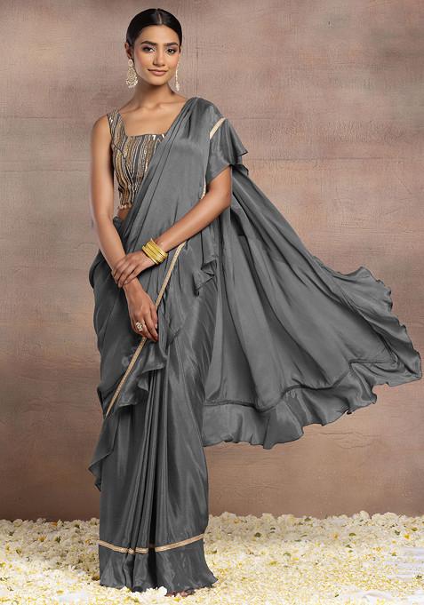 Charcoal Black Ruffled Pre-Stitched Saree Set With Sequin Hand Embroidered Blouse