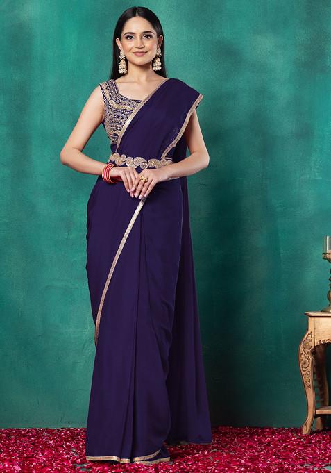 Navy Blue Pre-Stitched Saree Set With Dori Hand Embroidered Blouse And Belt
