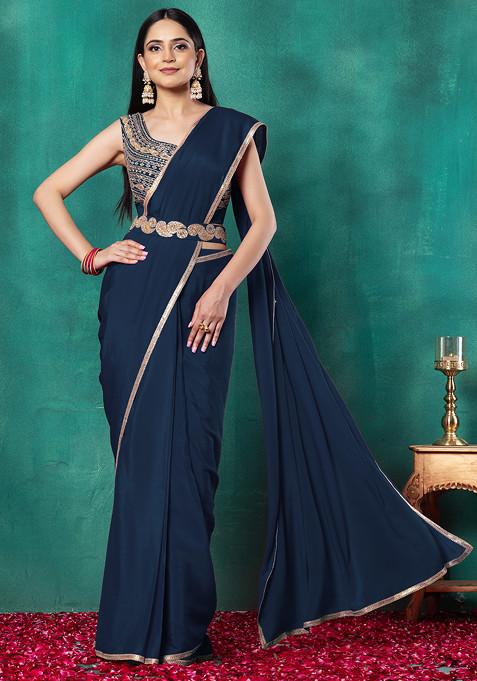 Teal Blue Pre-Stitched Saree Set With Dori Hand Embroidered Blouse And Belt