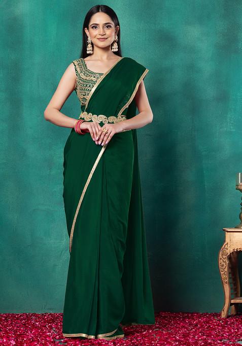 Emerald Green Pre-Stitched Saree Set With Dori Hand Embroidered Blouse And Belt