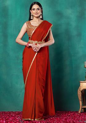 Orange Pre-Stitched Saree Set With Dori Hand Embroidered Blouse And Belt