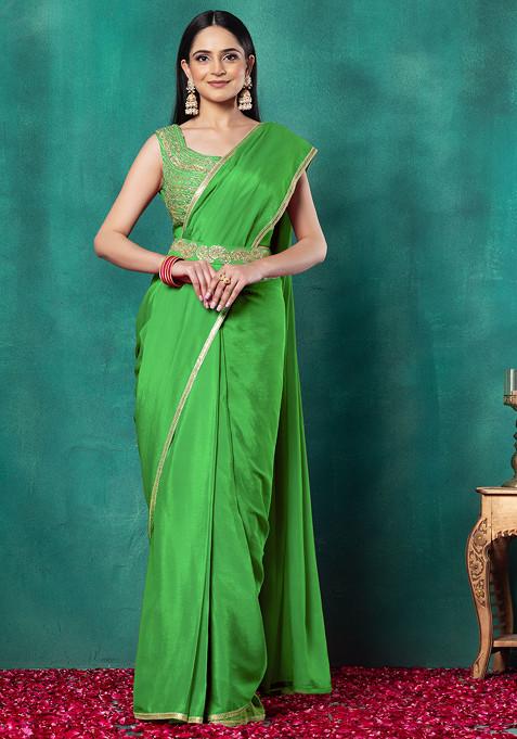 Green Pre-Stitched Saree Set With Dori Hand Embroidered Blouse And Belt
