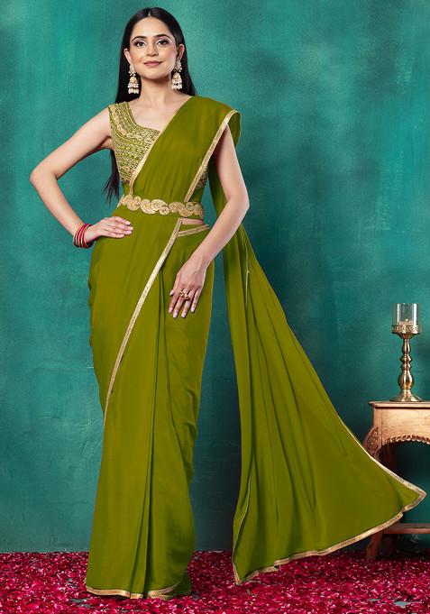 Olive Green Pre-Stitched Saree Set With Dori Hand Embroidered Blouse And Belt