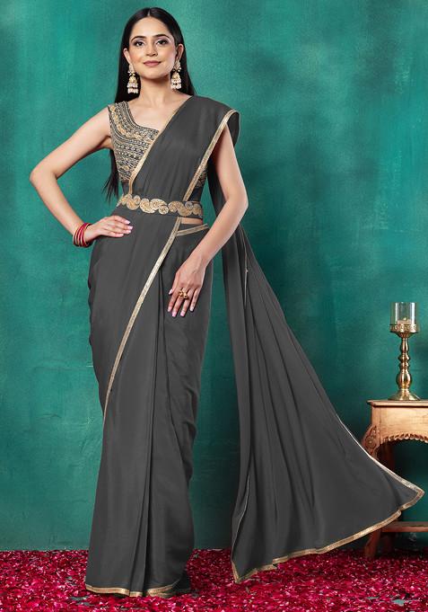 Charcoal Black Pre-Stitched Saree Set With Dori Hand Embroidered Blouse And Belt