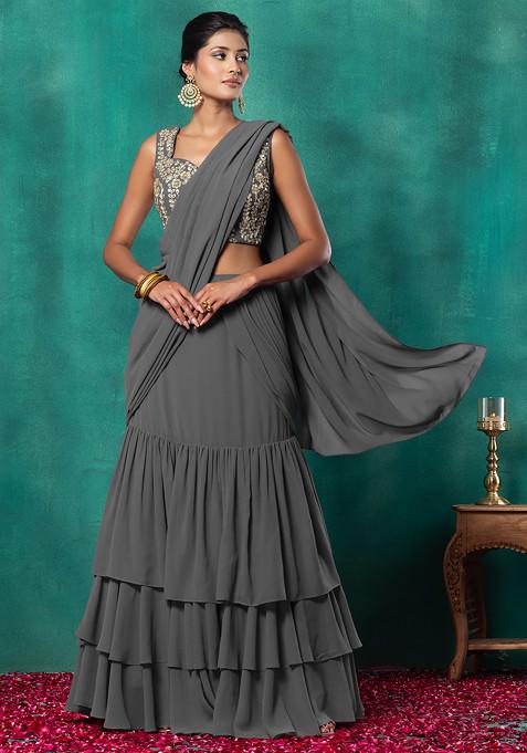 Dark Grey Ruffled Pre-Stitched Saree Set With Floral Dori Embroidered Blouse