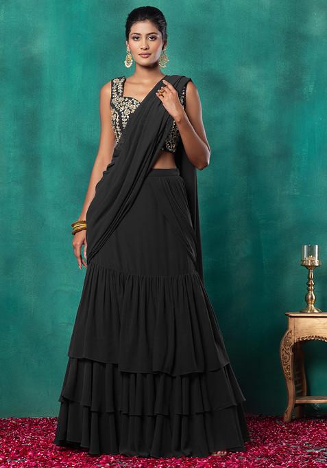 Black Ruffled Pre-Stitched Saree Set With Floral Dori Embroidered Blouse