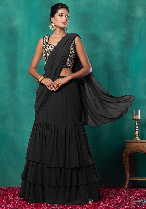 BLACK PRE-STITCHED SAREE