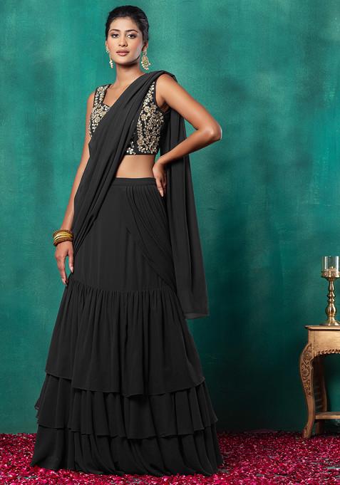 Draped Ruffled Pre-stitched Saree with Embroidered Off-shoulder Crop Top Blouse