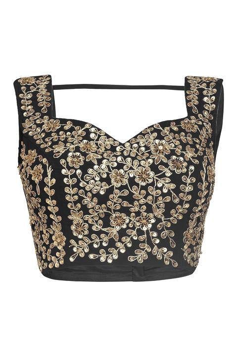 Draped Ruffled Pre-stitched Saree with Velvet Sequinned Crystal Embellished Blouse