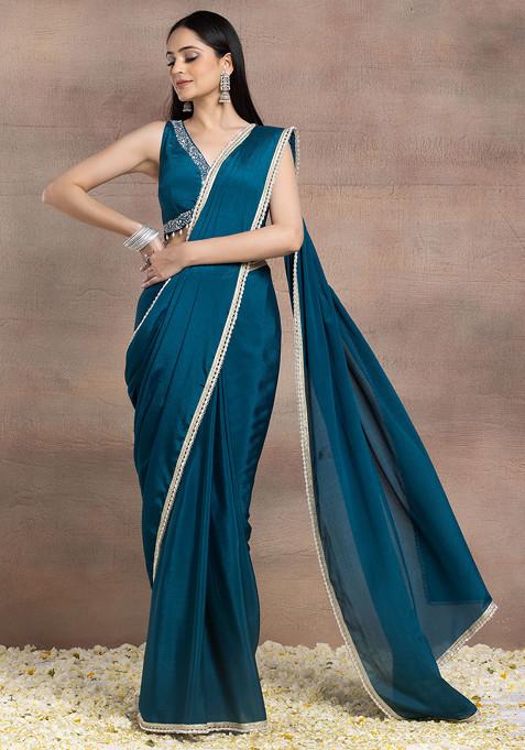 Teal Blue Pearl Embellished Pre-Stitched Saree Set With Hand Embroidered Blouse