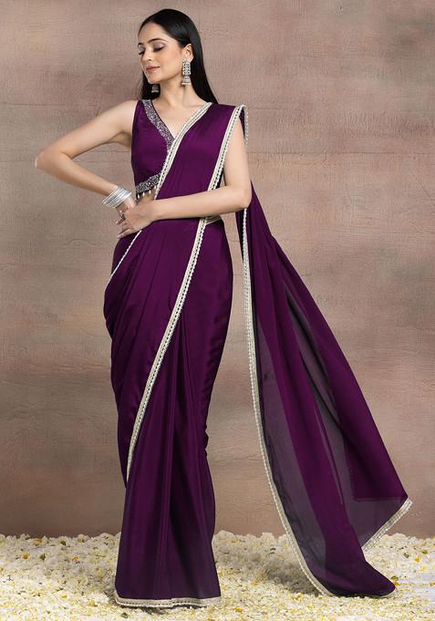 Dark Purple Pearl Embellished Pre-Stitched Saree Set With Hand Embroidered Blouse