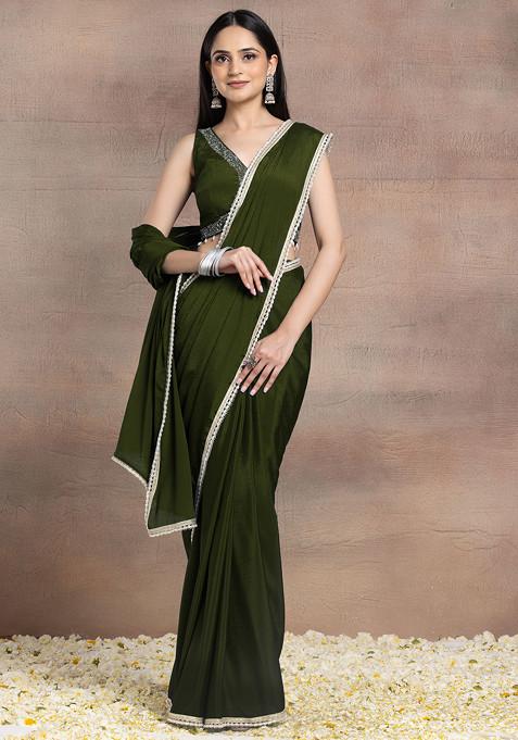 Olive Green Pearl Embellished Pre-Stitched Saree Set With Hand Embroidered Blouse