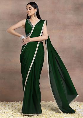 Emerald Green Pearl Embellished Pre-Stitched Saree Set With Hand Embroidered Blouse
