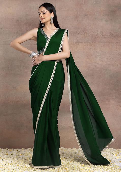 Emerald Green Pearl Embellished Pre-Stitched Saree Set With Hand Embroidered Blouse