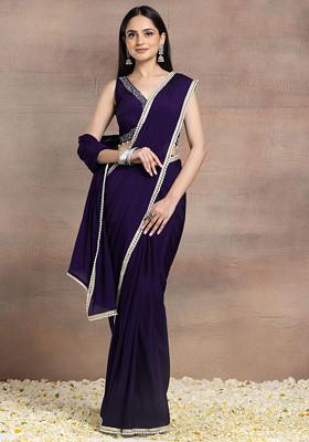 Purple Pearl Embellished Pre-Stitched Saree Set With Hand Embroidered Blouse