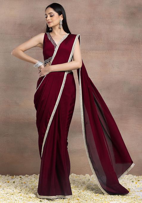 Crimson Red Pearl Embellished Pre-Stitched Saree Set With Hand Embroidered Blouse