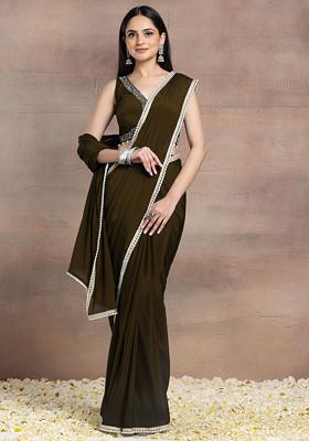 Copper Pearl Embellished Pre-Stitched Saree Set With Hand Embroidered Blouse