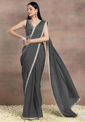 Charcoal Black Pearl Embellished Pre-Stitched Saree Set With Hand Embroidered Blouse