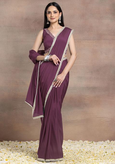 Old Mauve Pearl Embellished Pre-Stitched Saree Set With Hand Embroidered Blouse
