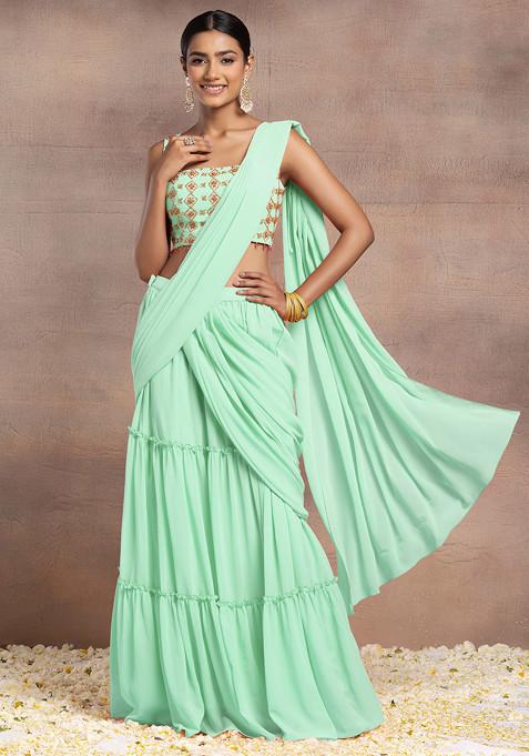 Light Seafoam Pre-Stitched Saree Set With Sequin Hand Embroidered Blouse