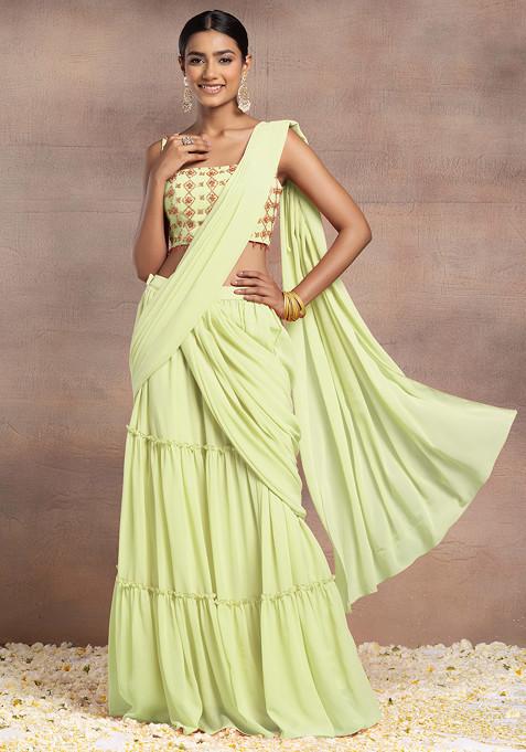 Light Green Pre-Stitched Saree Set With Sequin Hand Embroidered Blouse And Embroidered Belt