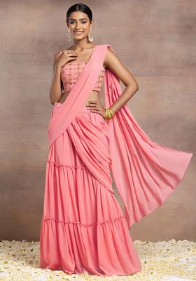 Pink Pre-Stitched Saree Set With Sequin Hand Embroidered Blouse