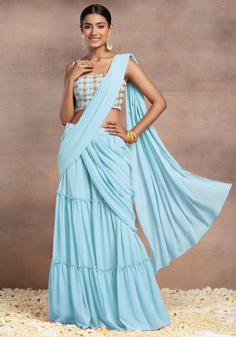 Light Blue Pre-Stitched Saree Set With Sequin Hand Embroidered Blouse And Embroidered Belt