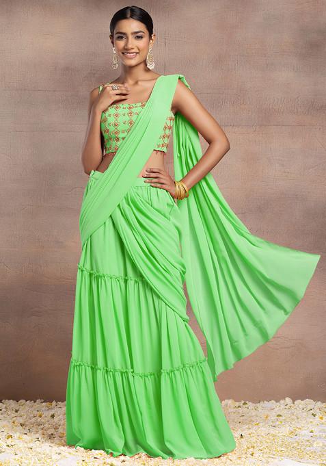 Green Pre-Stitched Saree Set With Sequin Hand Embroidered Blouse And Embroidered Belt