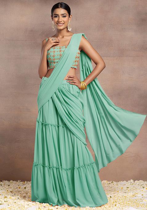 Seafoam Pre-Stitched Saree Set With Sequin Hand Embroidered Blouse And Embroidered Belt