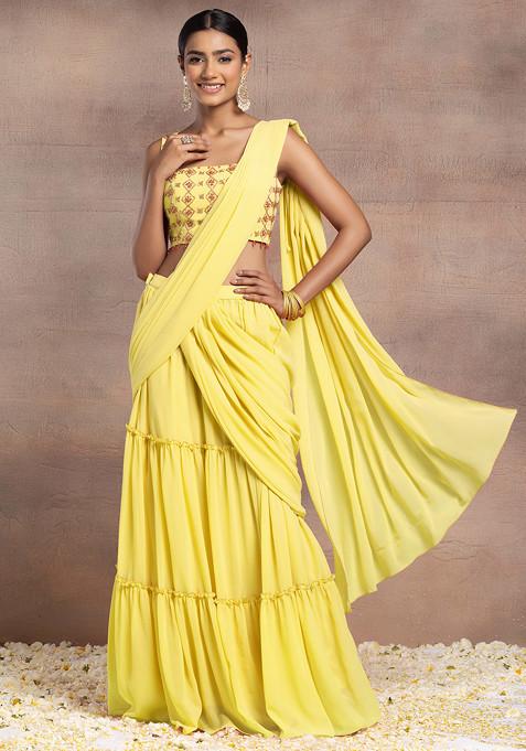 Yellow Pre-Stitched Saree Set With Sequin Hand Embroidered Blouse