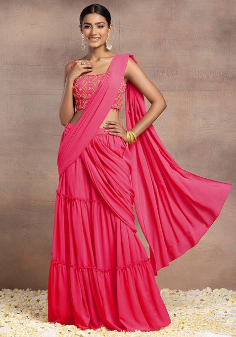 Hot Pink Pre-Stitched Saree Set With Sequin Hand Embroidered Blouse And Embroidered Belt