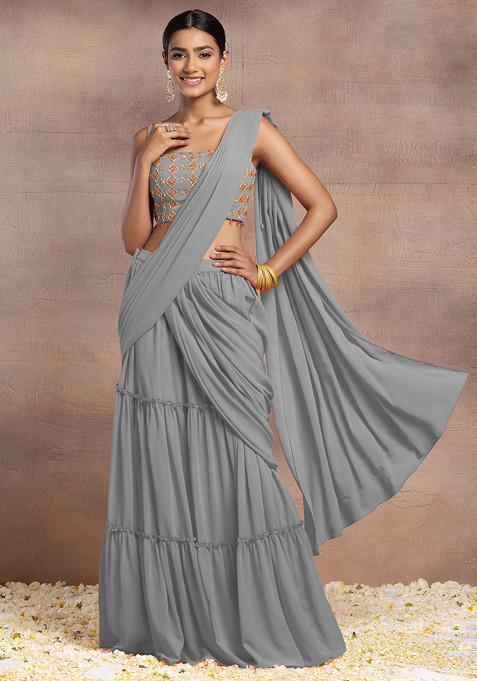 Grey Pre-Stitched Saree Set With Sequin Hand Embroidered Blouse And Embroidered Belt
