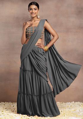 Charcoal Black Pre-Stitched Saree Set With Sequin Hand Embroidered Blouse
