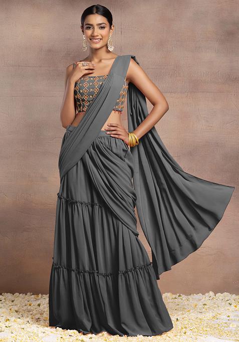 Charcoal Black Pre-Stitched Saree Set With Sequin Hand Embroidered Blouse And Embroidered Belt