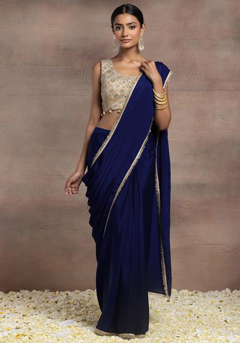 Indigo Blue Pre-Stitched Saree Set With Gold Zari Hand Embroidered Blouse