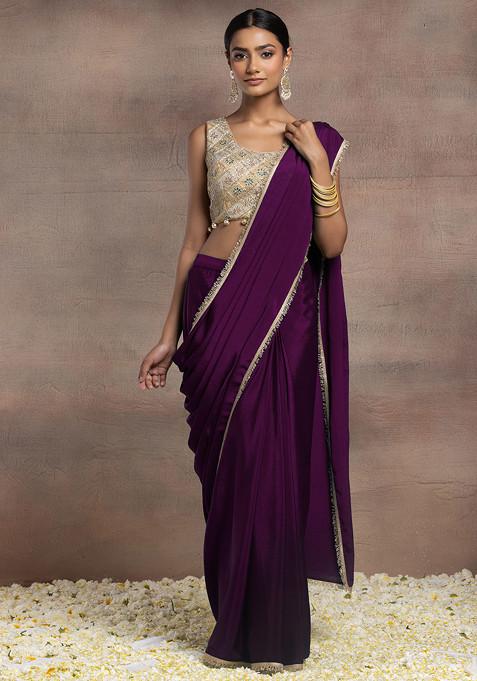 Dark Purple Pre-Stitched Saree Set With Gold Zari Hand Embroidered Blouse