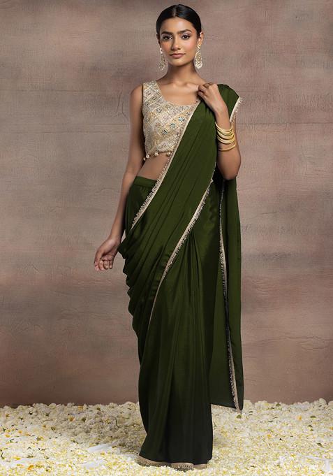 Olive Green Pre-Stitched Saree Set With Gold Zari Hand Embroidered Blouse