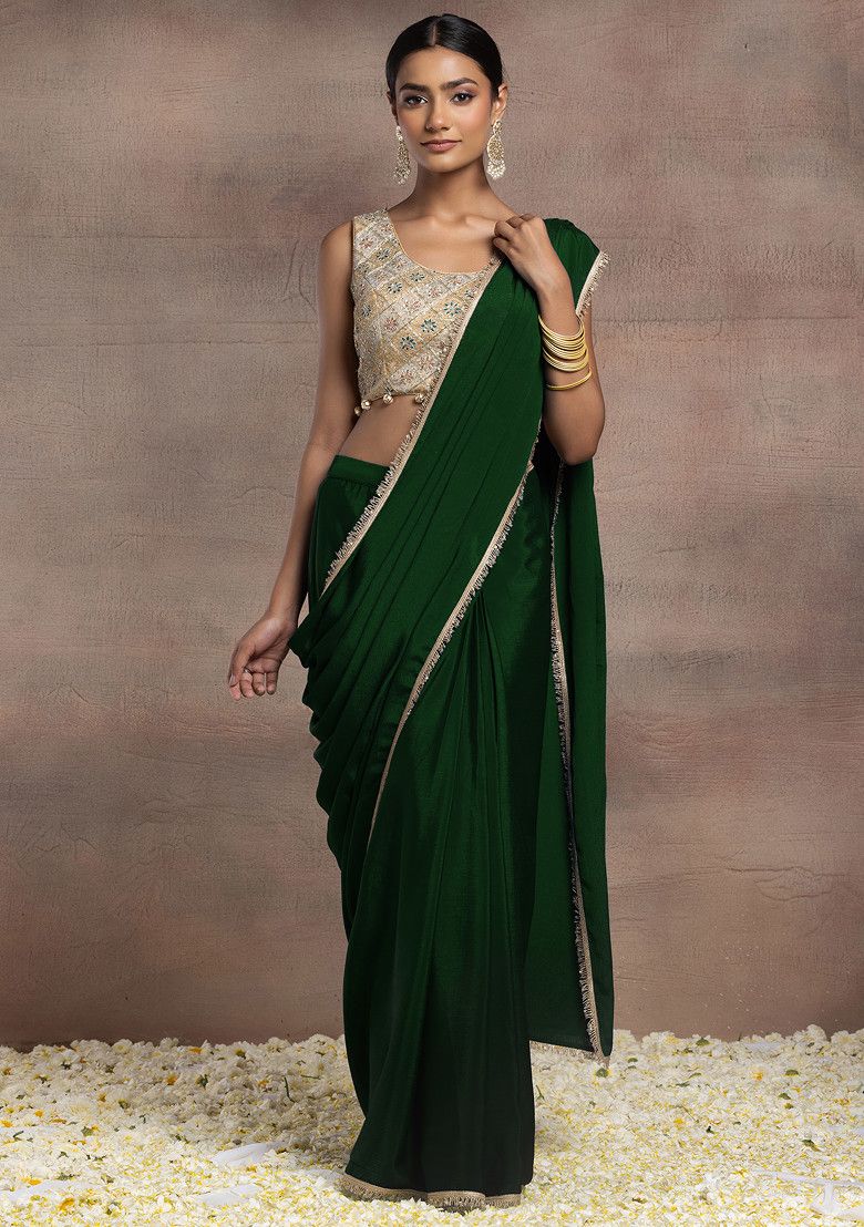 Buy Women Emerald Green Pre-Stitched Saree Set With Gold Zari Hand  Embroidered Blouse - Pre Draped Saree - Indya