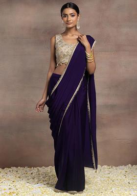 Purple Pre-Stitched Saree Set With Gold Zari Hand Embroidered Blouse