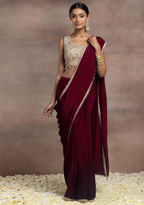 Crimson Red Pre-Stitched Saree Set With Gold Zari Hand Embroidered Blouse