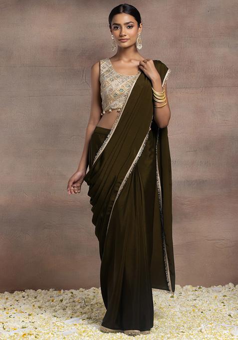 Copper Pre-Stitched Saree Set With Gold Zari Hand Embroidered Blouse