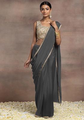 Charcoal Black Pre-Stitched Saree Set With Gold Zari Hand Embroidered Blouse