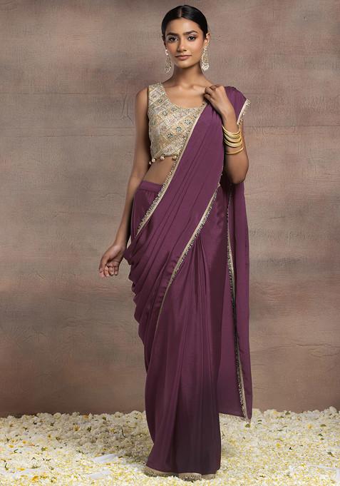 Old Mauve Pre-Stitched Saree Set With Gold Zari Hand Embroidered Blouse