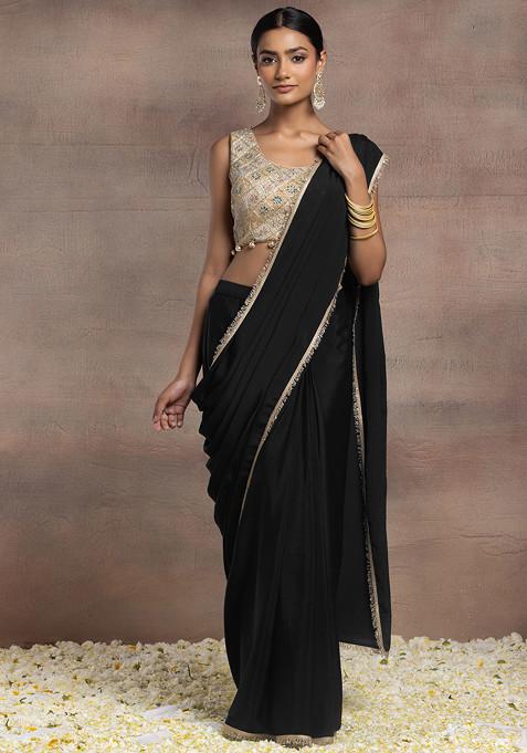 Black Pre-Stitched Saree Set With Gold Zari Hand Embroidered Blouse