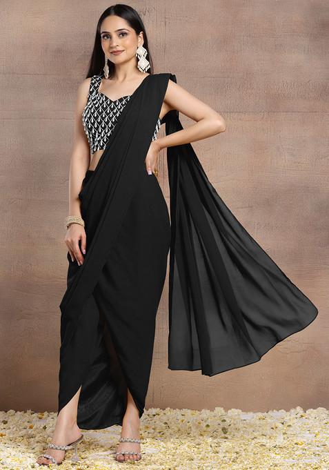 Black Pre-Stitched Saree Set With Pearl Hand Embroidered Blouse