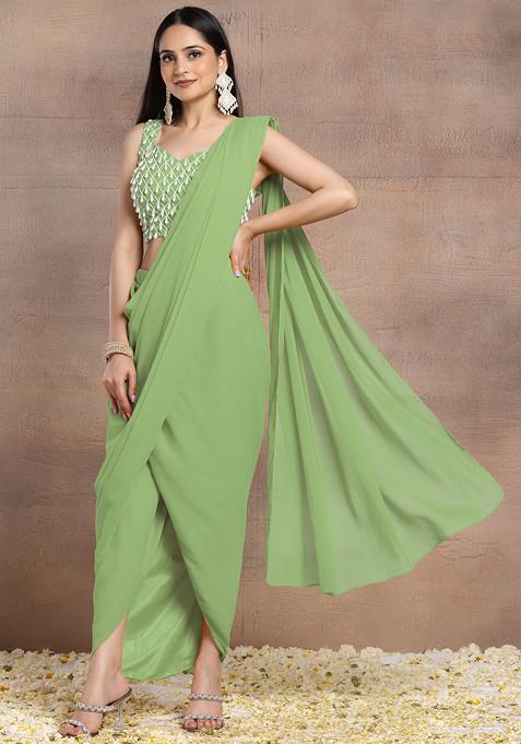 Light Olive Pre-Stitched Saree Set With Pearl Hand Embroidered Blouse