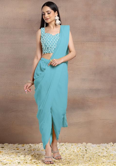 Light Blue Pre-Stitched Saree Set With Pearl Hand Embroidered Blouse